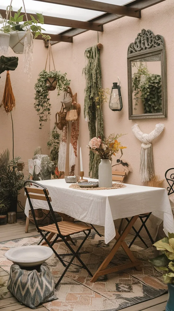 Create the ultimate cozy patio with this bohemian patio design.  This outdoor patio ideas showcase how simple, budget-friendly touches—like a patterned rug, string lights, and a few well-chosen decorative items—can transform your space into a charming and inviting retreat. Find your patio inspiration here!