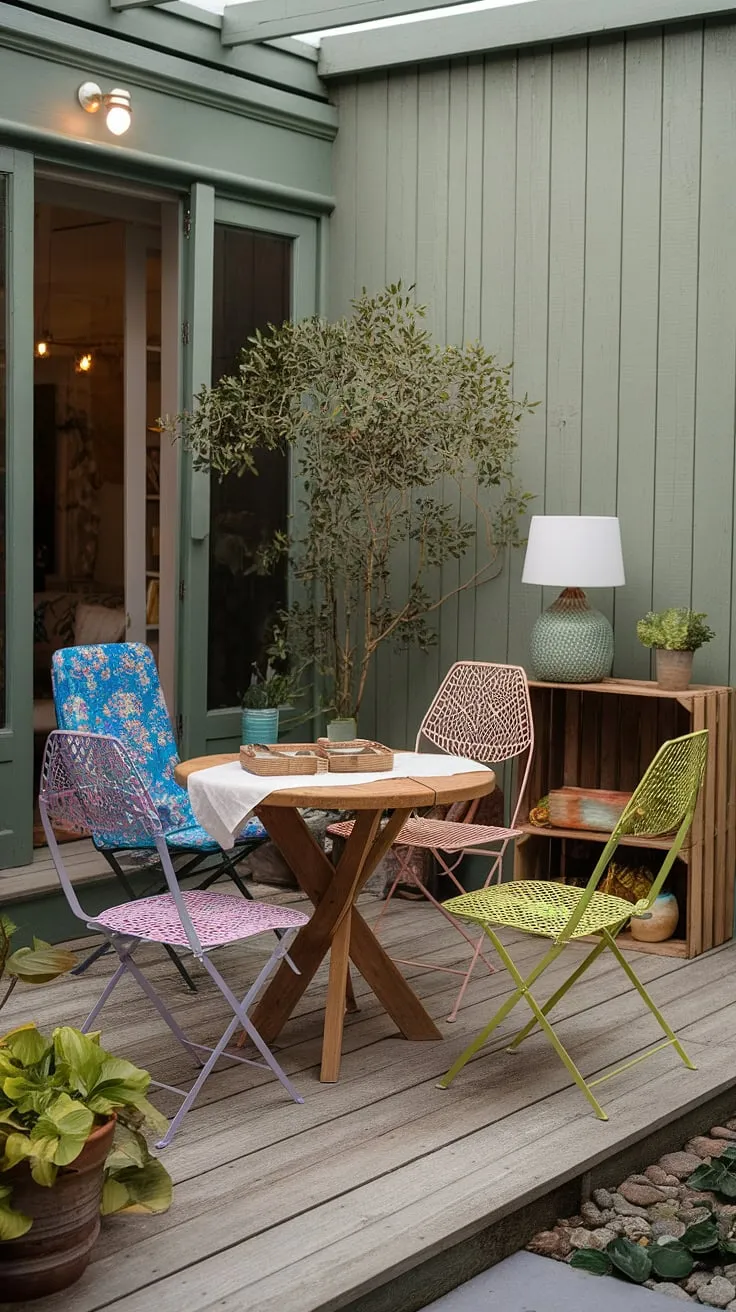 Transform your outdoor space into a bohemian paradise with this cozy patio setup.  Simple, budget-friendly patio decorating ideas bring this space to life, showcasing how a few colorful chairs and a touch of whimsy can create a stunning boho patio.  Find your own patio inspiration with this eclectic mix of patterns and textures.  These outdoor patio ideas are perfect for creating a relaxed and inviting atmosphere.