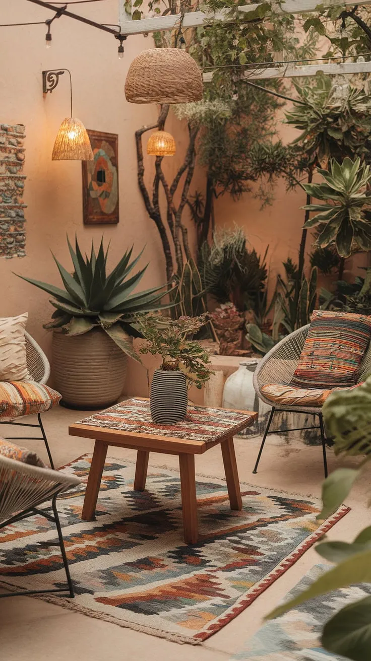 Escape to your own private oasis with this bohemian patio.  Cozy seating, vibrant cushions, and budget-friendly decorating ideas create the perfect outdoor space for relaxation and entertaining. This boho patio offers plenty of patio inspiration for transforming your own backyard into a haven.