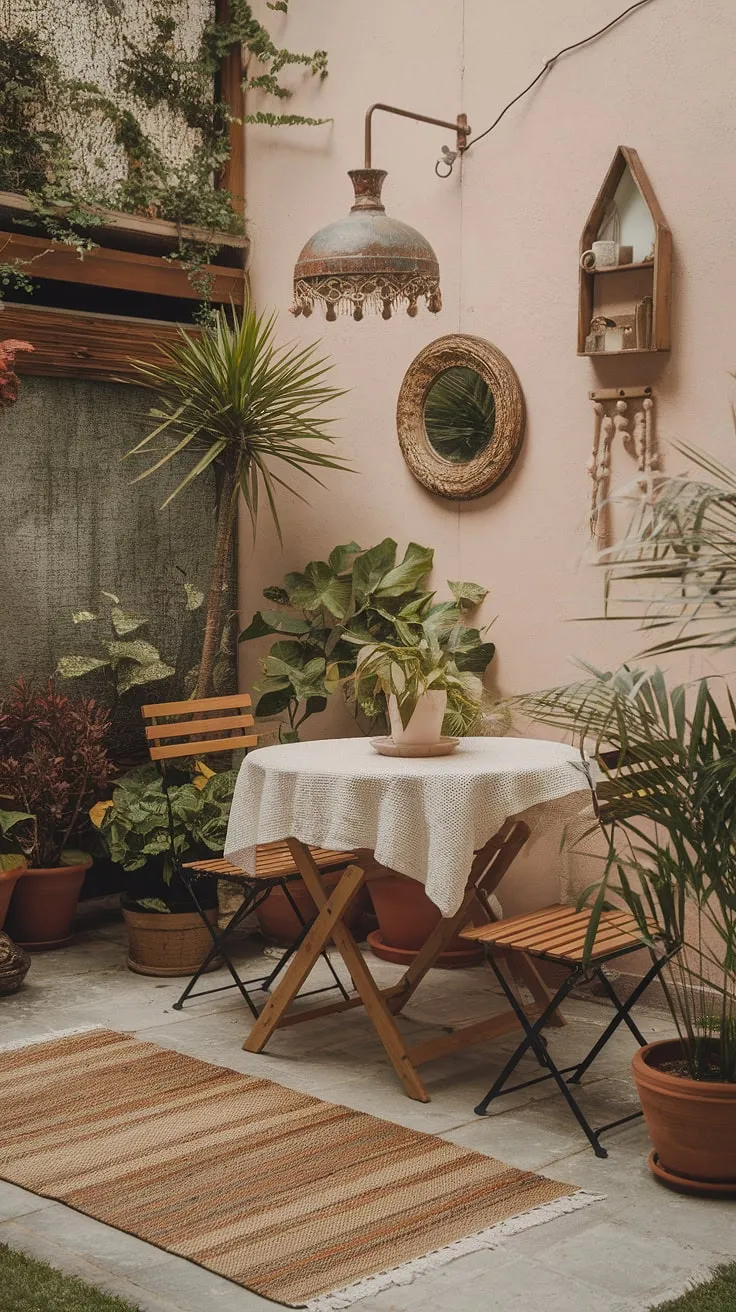 Create your dream boho patio with these budget-friendly patio decorating ideas. This cozy patio is the ultimate in relaxed outdoor living, blending bohemian style with comfortable practicality.  Get inspired by this charming space and discover how easy it is to transform your own patio into a welcoming bohemian oasis.