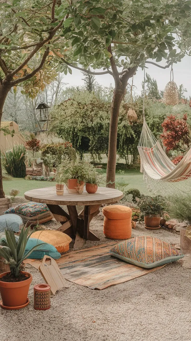 Transform your outdoor space into a bohemian haven with these cozy patio ideas. This budget-friendly patio decorating showcases how simple elements – a round wooden table, vibrant cushions, and lush greenery – can create a magical boho patio.  The hammock adds a touch of whimsy, making it the perfect spot for relaxation and outdoor entertaining.  Find your own patio inspiration and create the outdoor patio of your dreams.