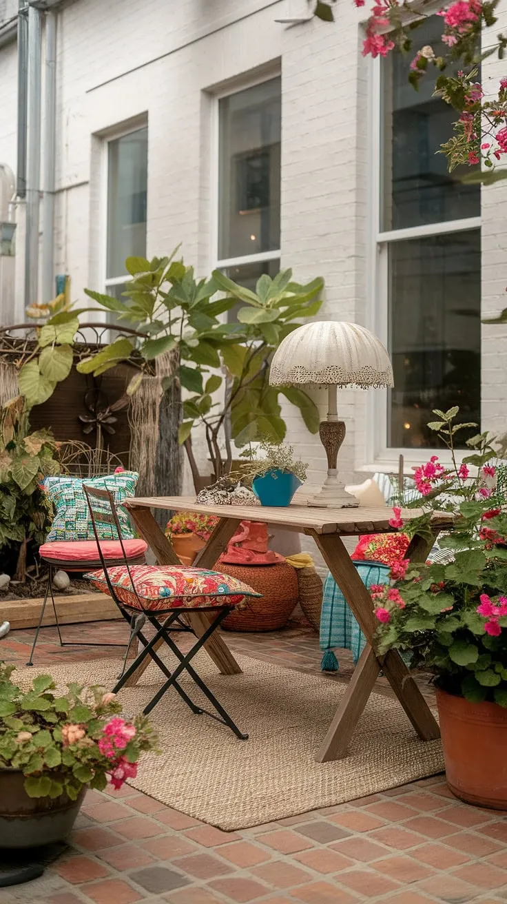 Create a dreamy bohemian patio oasis on a budget! This cozy patio showcases simple yet impactful outdoor patio ideas, proving that boho style can be both stylish and affordable.  Find patio inspiration in the mix of textures, colors, and repurposed finds – perfect for budget-friendly patio decorating ideas.