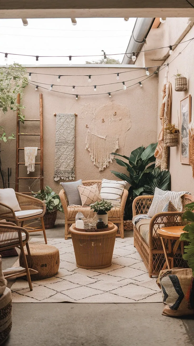 Transform your outdoor space into a bohemian haven with this cozy patio setup.  Find budget-friendly patio decorating ideas and patio inspiration for your own boho patio paradise. This is the ultimate outdoor patio ideas for creating a relaxing retreat.