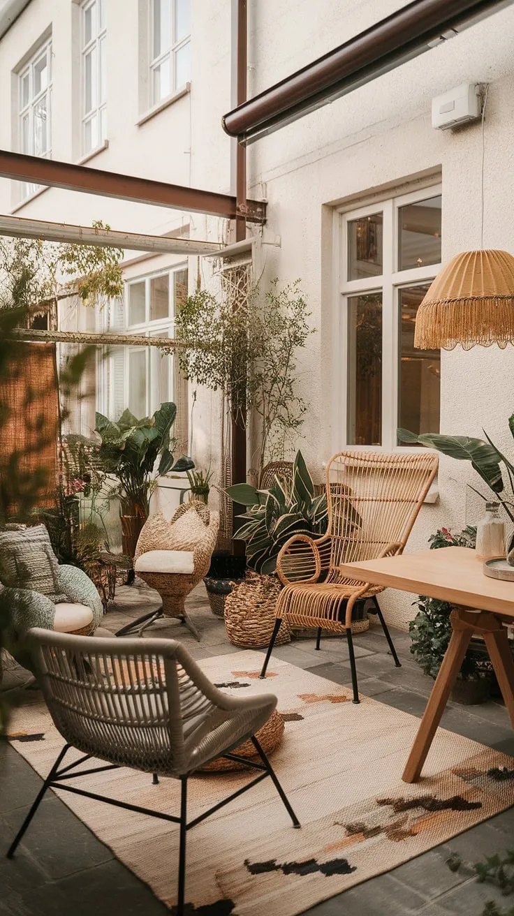 Cozy up your patio with this bohemian patio design.  Get inspired by these outdoor patio ideas and discover budget-friendly patio decorating ideas to create your own relaxing boho patio oasis.  Let this image fuel your patio inspiration.