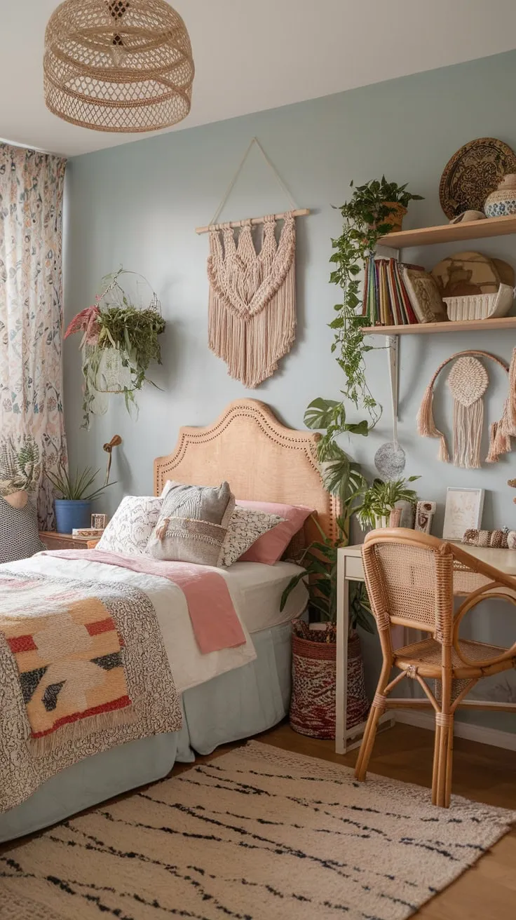 Cozy bohemian style defines this teen's bedroom, featuring a wooden headboard, rattan chair, and a curated mix of textures and plants.