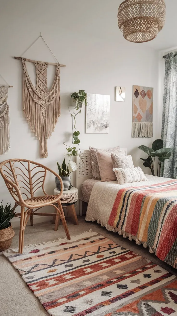 Bohemian patterns and textures create a cozy and vibrant haven in this teen's eclectic bedroom.