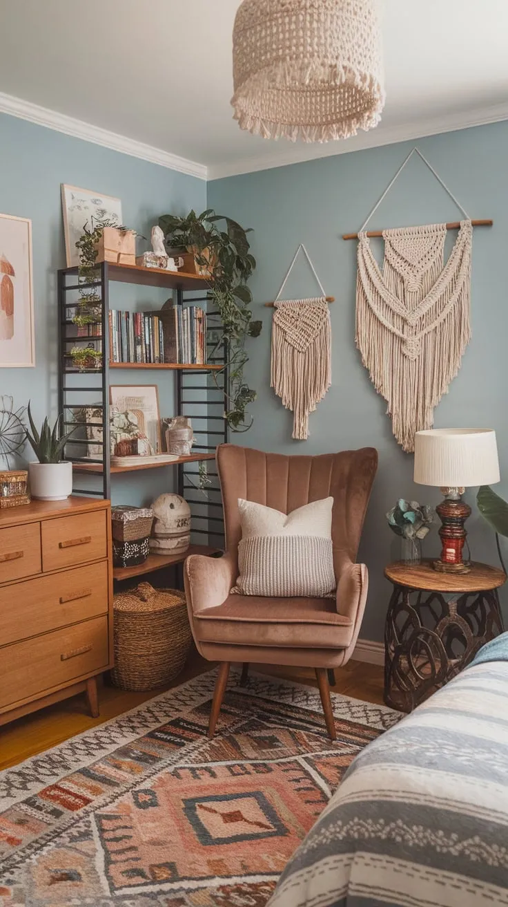 A soft blue boho teen bedroom, complete with patterned rug, macrame, and cozy reading nook, creates a warm and inviting space.