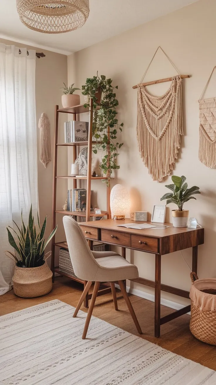 A vintage desk, woven baskets, and macrame details transform a beige-walled room into a charming boho teen bedroom.