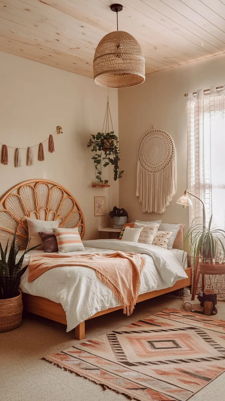 A cozy boho teen bedroom boasts a warm ambiance with woven textures, wooden accents, and pops of greenery.