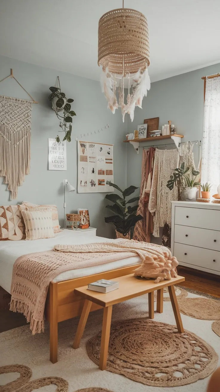 Cozy textures and bohemian décor transform a teen's bedroom into a peaceful haven.