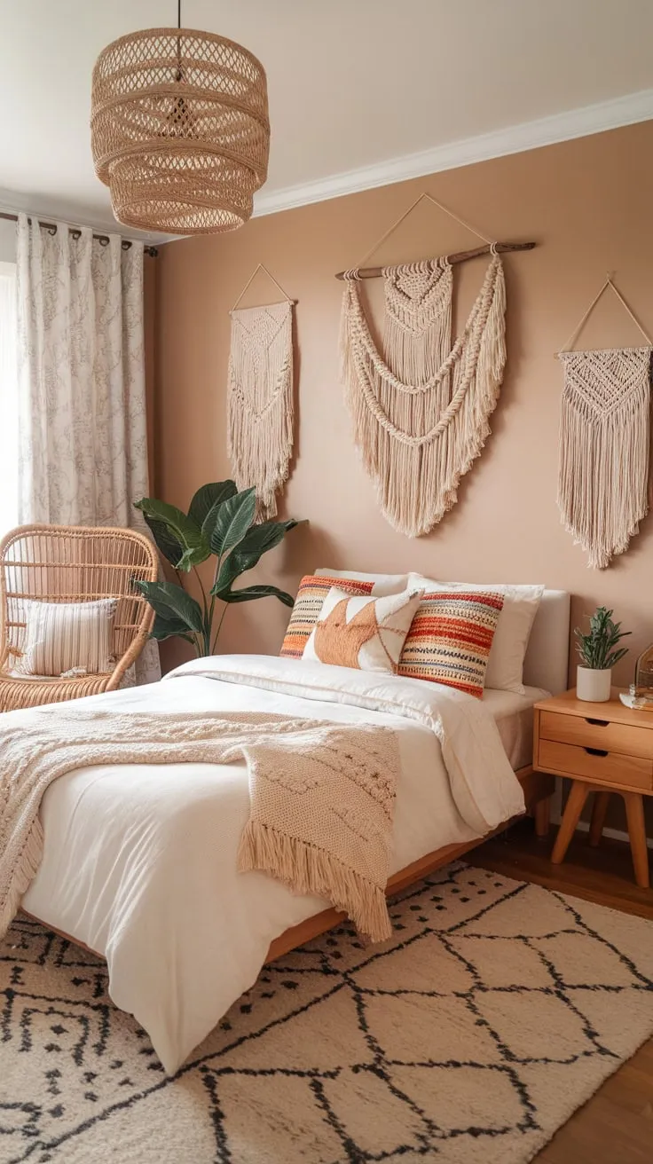 Warm beige walls and wooden floors complement a white bed, colorful pillows, and bohemian accents in this inviting teen bedroom.