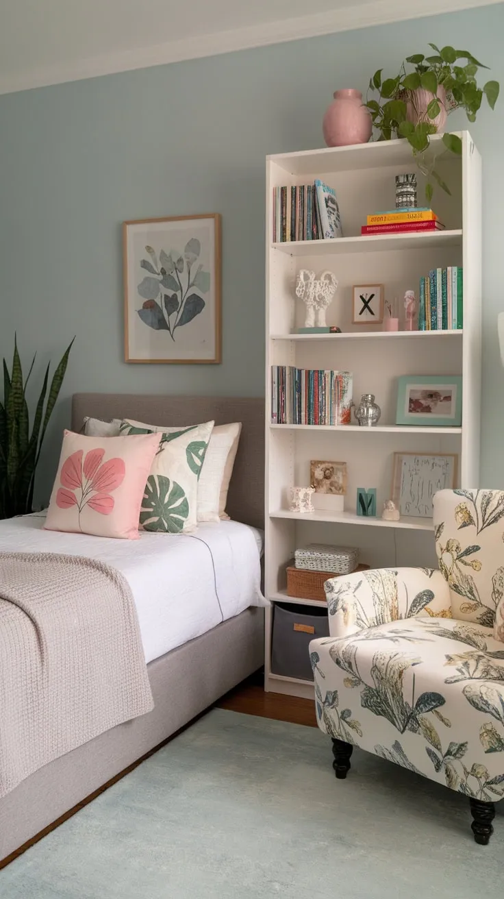 A dreamy boho teen bedroom boasts calming blues, greens, and florals creating a peaceful and stylish space.
