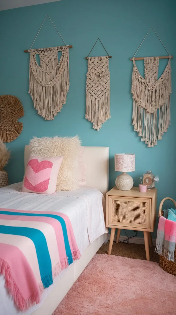 Pink and blue stripes, a heart-patterned pillow, and a fringed throw blanket create a dreamy boho chic haven in this teen's turquoise bedroom.