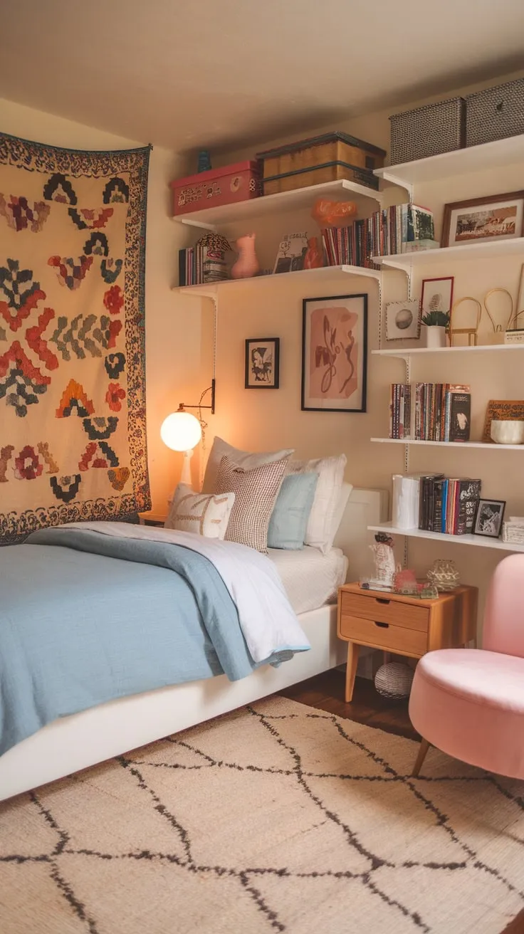 A warm-lit boho teen bedroom features a cozy white bed, colorful tapestry, and eclectic décor creating a relaxed and inviting space