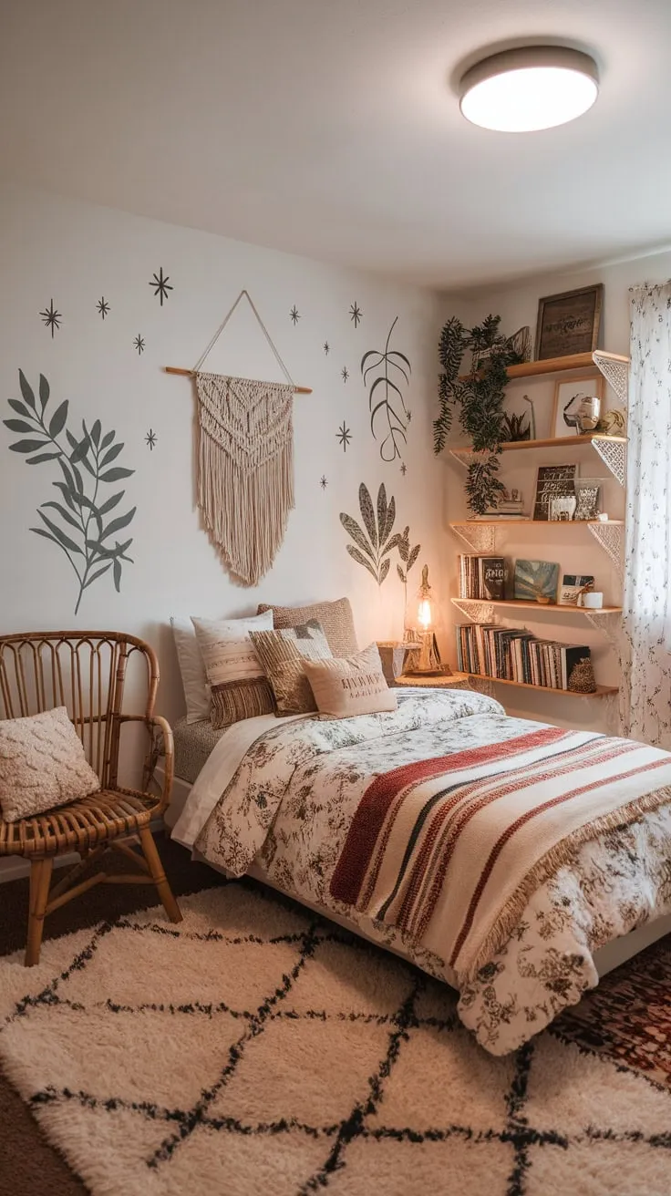 Transform your teen's room into a dreamy boho escape with a mix of macrame, rattan, floral bedding, and celestial wall art.