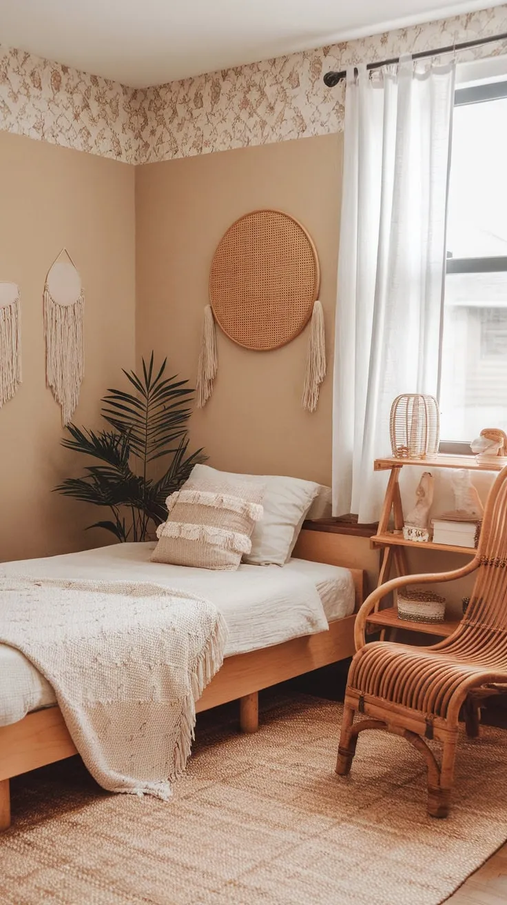 A teen's bedroom is transformed into a peaceful boho haven with natural textures and a touch of pattern.
