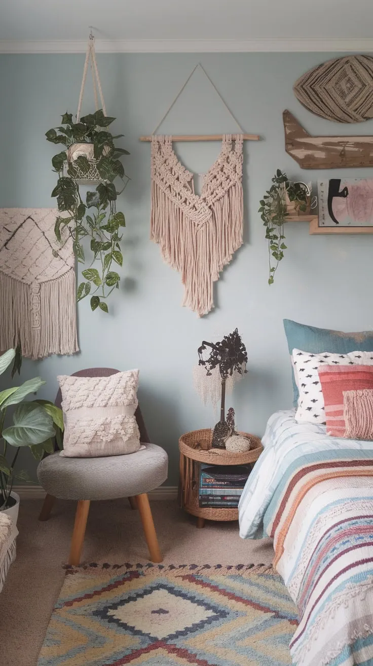 Cozy patterns, textures, and plants create a dreamy bohemian haven in this light blue teen bedroom, complete with a comfy reading nook.