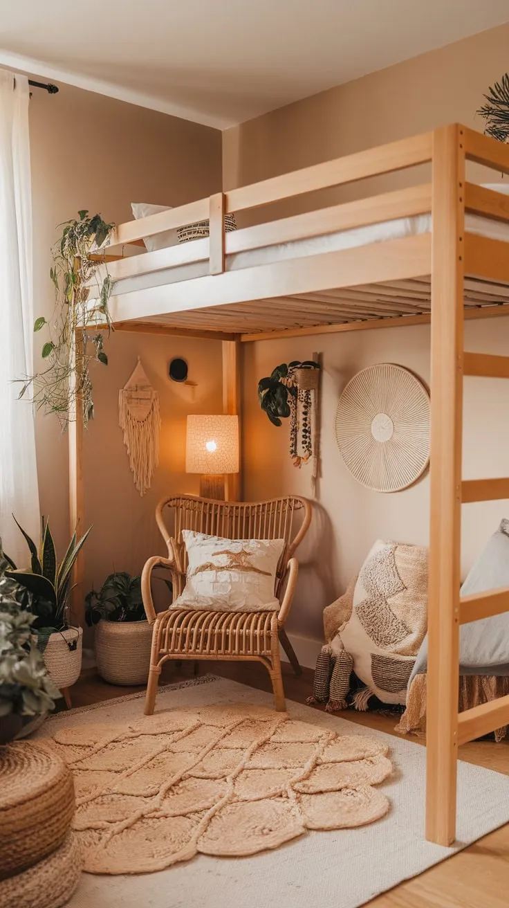 A wooden loft bed, rattan furniture, and woven textures define this inviting boho teen bedroom, complete with plants and personal touches.