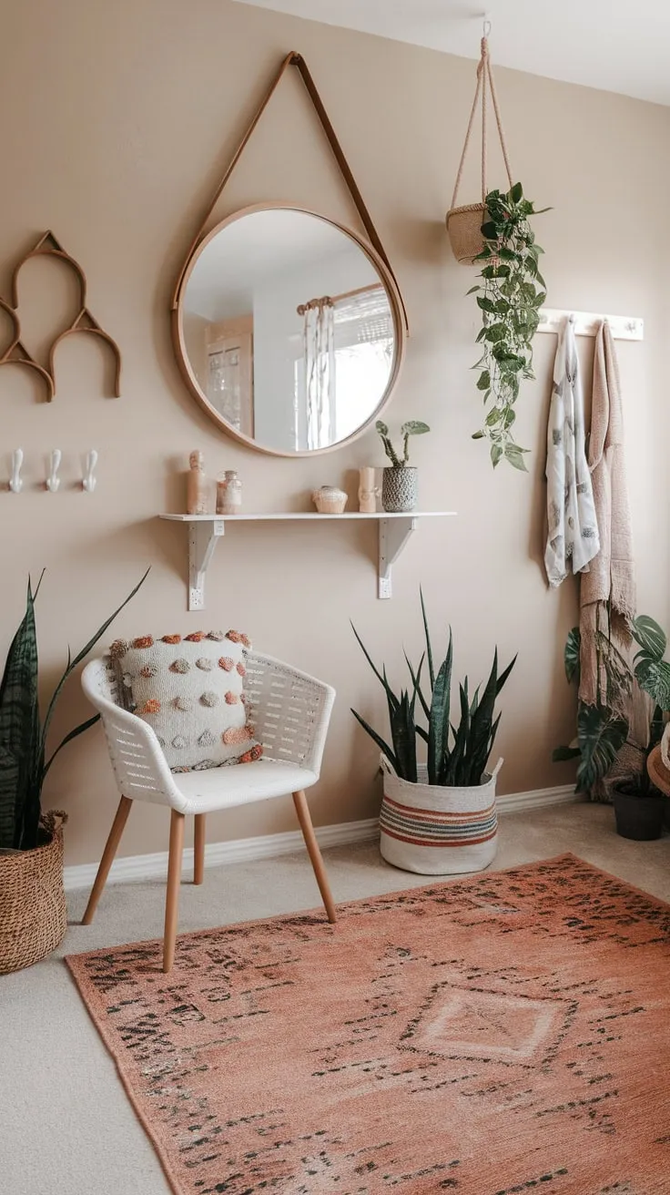 White walls and a patterned chair accentuate the bohemian vibe of this teen's inviting room.