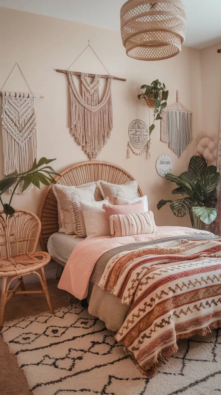 A cozy boho teen bedroom blends patterns, textures, and plants for a relaxed, stylish haven.