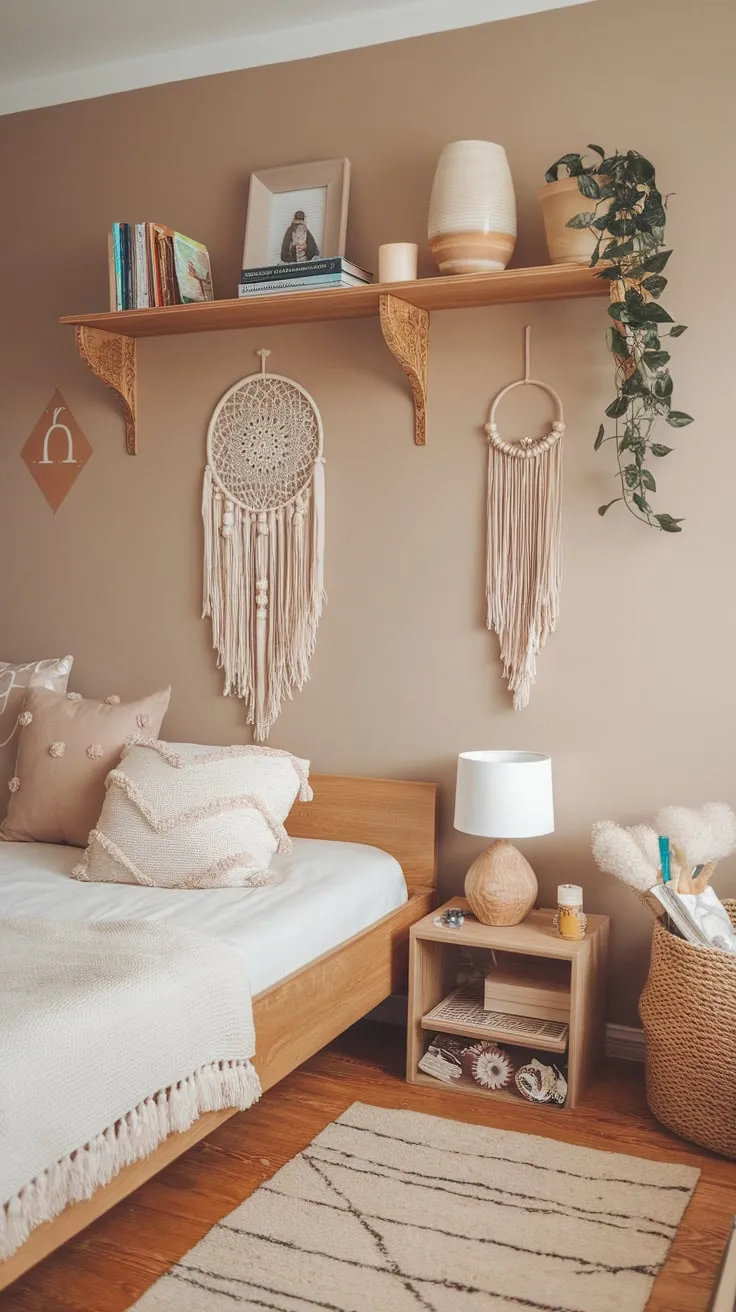 A dreamy boho teen bedroom boasts a wooden bed, beige accents, and eclectic décor creating a peaceful haven.