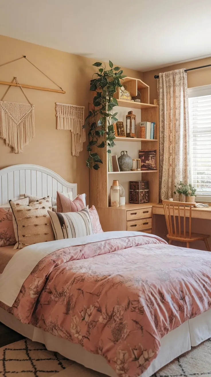 A cozy boho teen bedroom features a pink floral duvet, patterned pillows, a wooden desk and bookshelf, and warm lighting creating a relaxed and stylish space