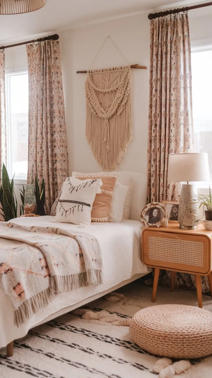 A cozy boho teen bedroom blends patterned textiles, natural light, and personal touches for a relaxed and stylish space