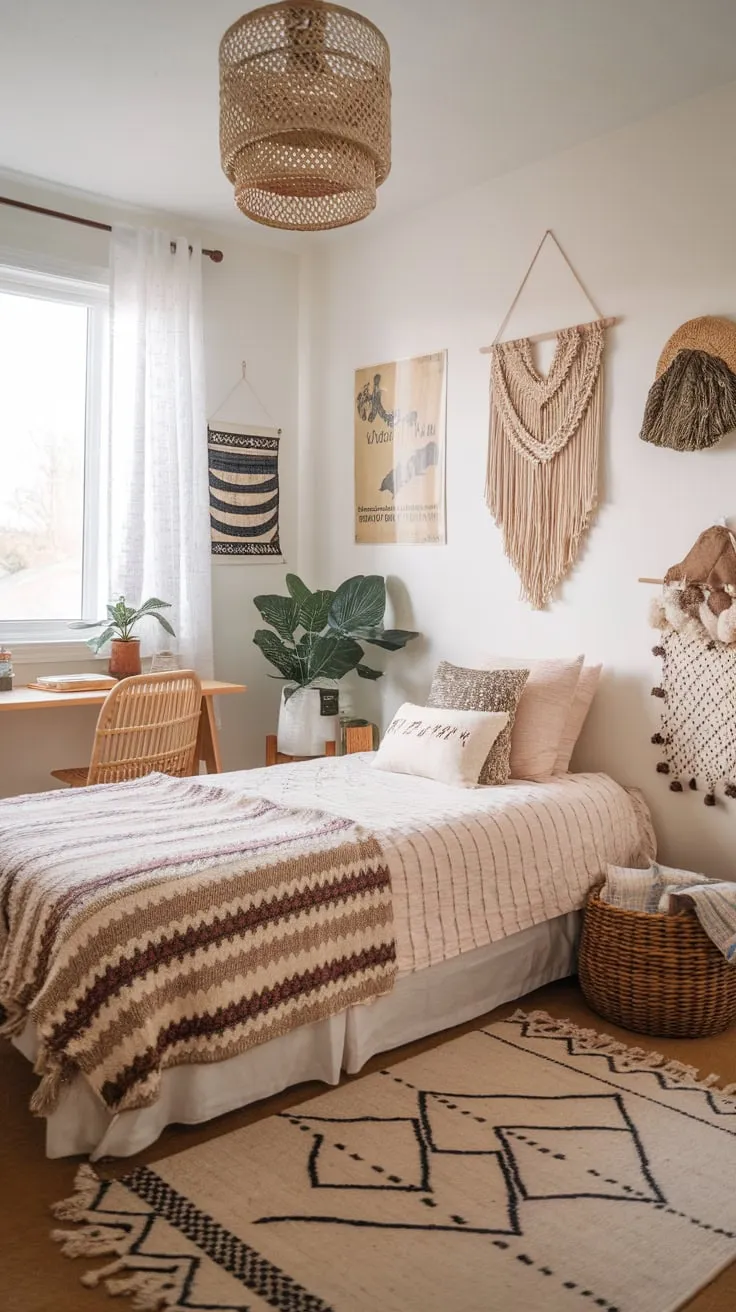 Sun-drenched boho chic fills a teen's bedroom with patterned textiles, macrame, and vintage vibes.