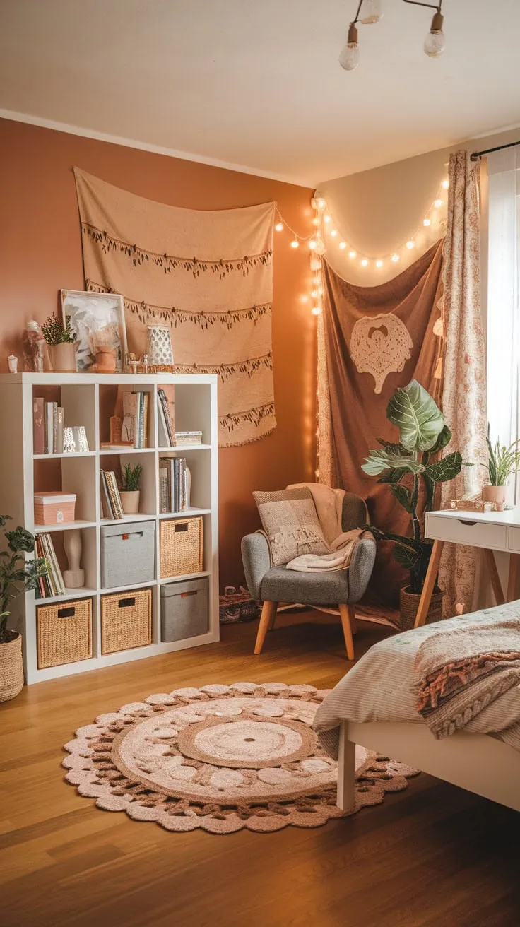 A tapestry-adorned wall, string lights, and a comfy armchair complete this teen's dreamy boho sanctuary.