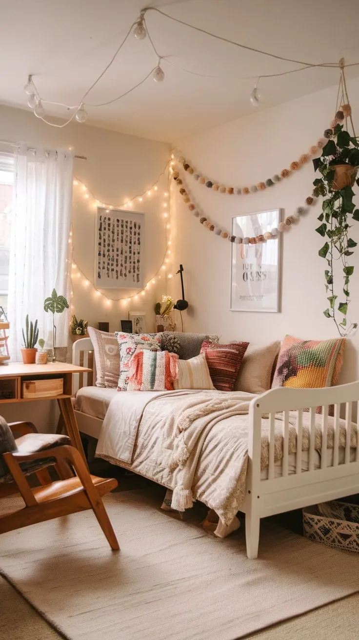 Transform a teen's bedroom into a cozy boho haven with eclectic decor, fairy lights, and pops of color.
