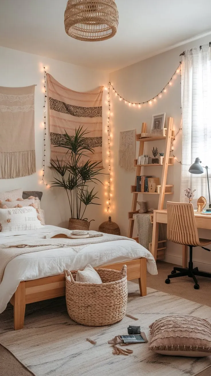A teen's bohemian haven boasts a comfy bed, woven textures, and whimsical decor, creating a space both stylish and relaxing.