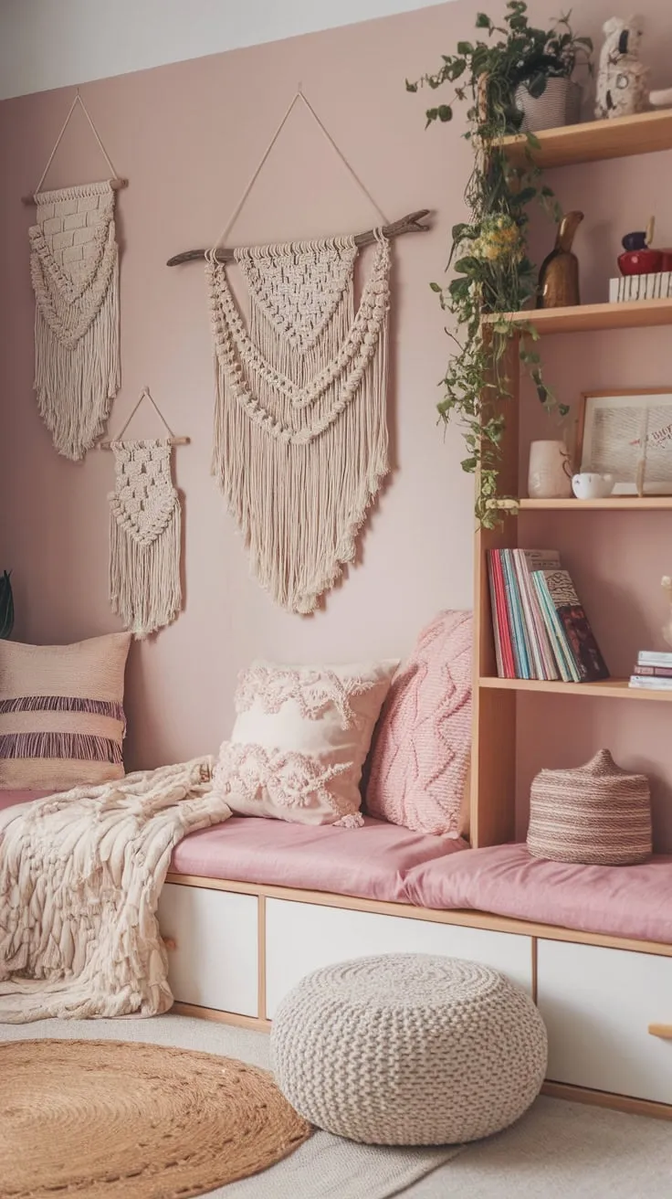 Macrame, patterned pillows, and a wooden shelf create a dreamy bohemian haven for a teen.
