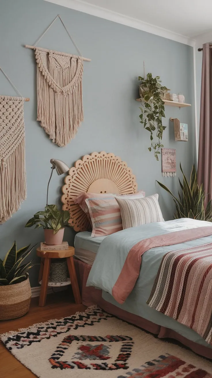 A soft blue-walled boho teen bedroom boasts cozy textures, patterned rugs, macrame, and plants for a relaxed vibe
