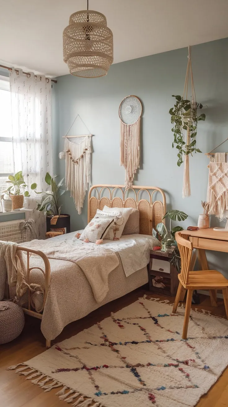 Soft blue walls, woven textures, and plants transform a teen's space into a stylish boho retreat.