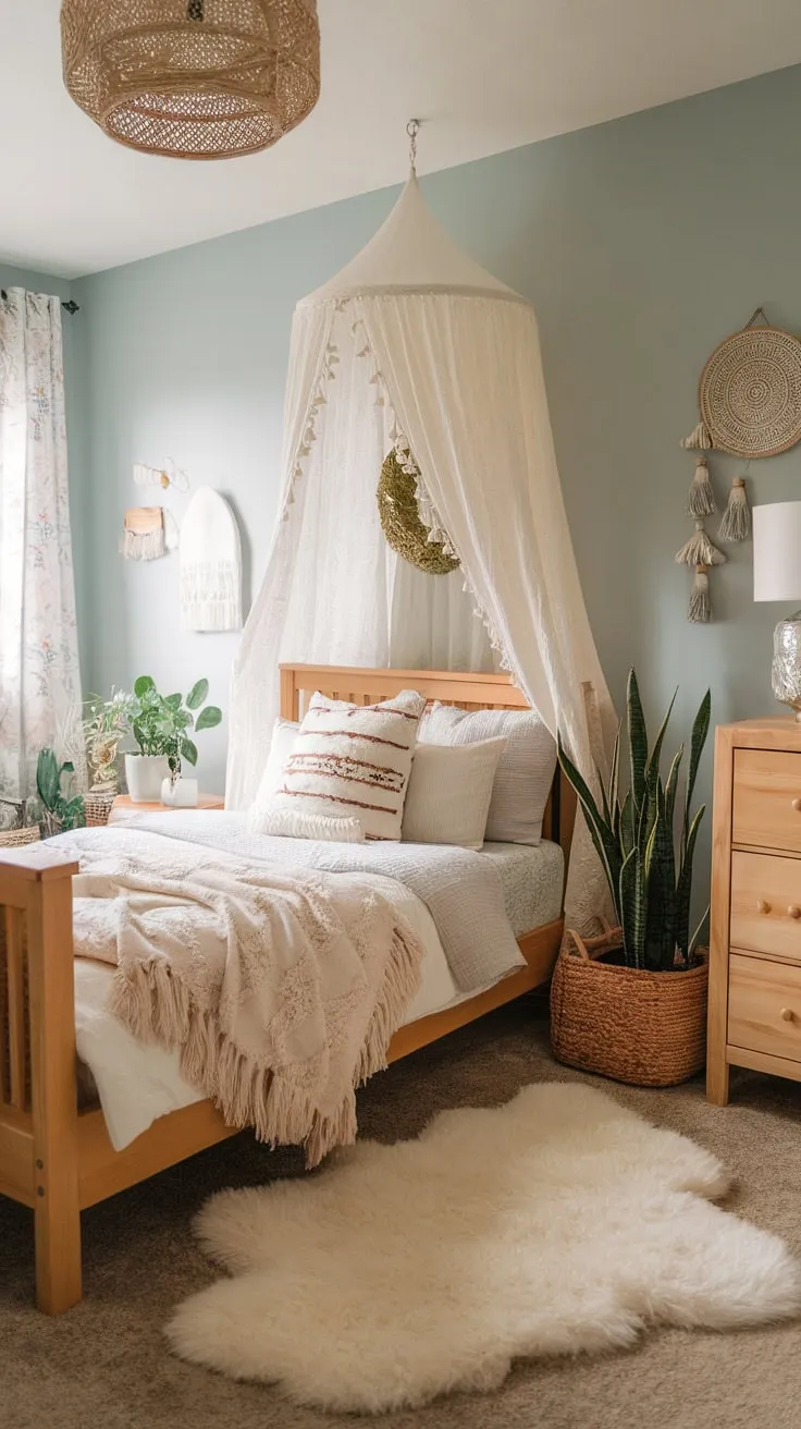 A light blue-walled boho teen bedroom boasts a cozy haven with a white canopy bed, fluffy rug, patterned pillows, plants, and wooden furniture.