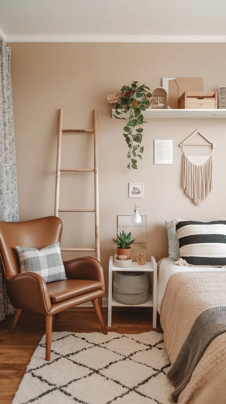 A cozy boho teen bedroom features a beige palette, wooden accents, and eclectic décor creating a relaxed and stylish space