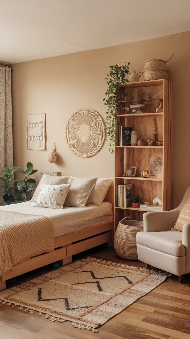 Warm lighting and natural textures create a cozy boho haven in this teen's bedroom, complete with a wooden platform bed and eclectic décor.