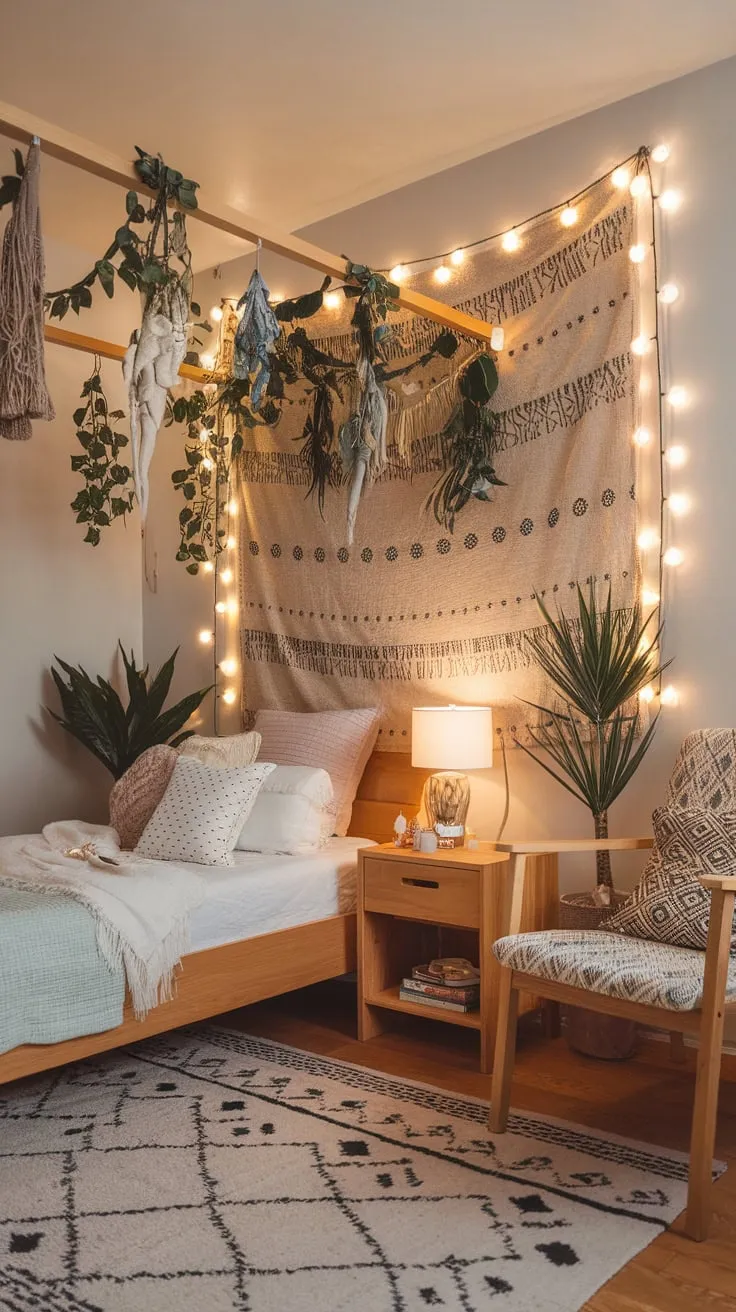 String lights, tapestries, and wooden furniture define this dreamy boho teen bedroom, perfect for relaxation and self-expression.