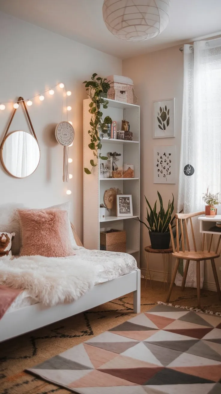 Cozy boho vibes fill a teen's bedroom, complete with a fluffy bed, string lights, and a geometric rug.