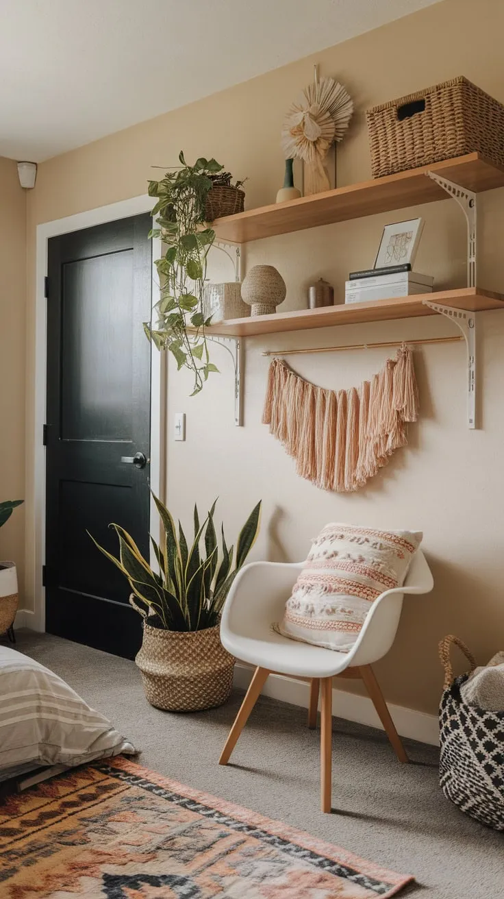A teen's beige-walled haven boasts a boho vibe through textured rugs, a comfy chair, and carefully chosen plants and accessories.