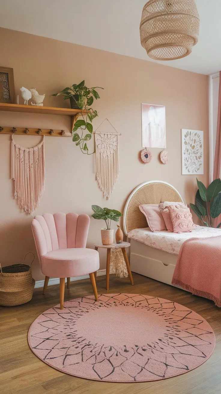 A dreamy boho teen bedroom blends natural light, pink accents, and woven details for a uniquely stylish and comfortable haven.