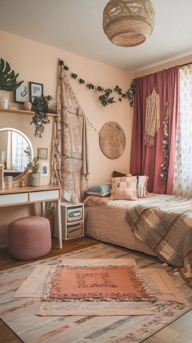 Bohemian patterns and textures create a warm, inviting haven in this teen's cozy bedroom.
