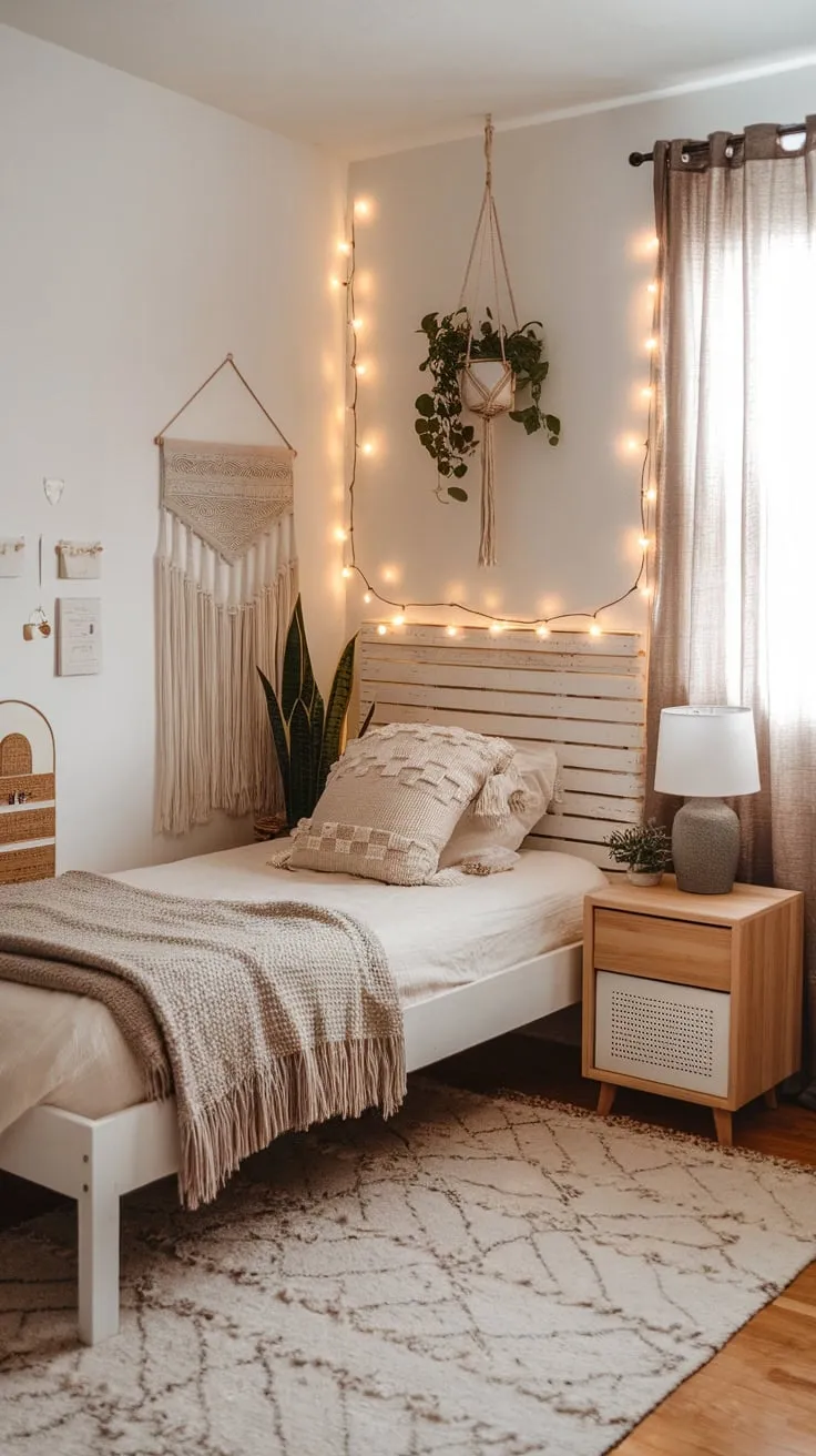 A dreamy boho teen bedroom features a whitewashed haven accented with woven textures, soft lighting, and pops of greenery.