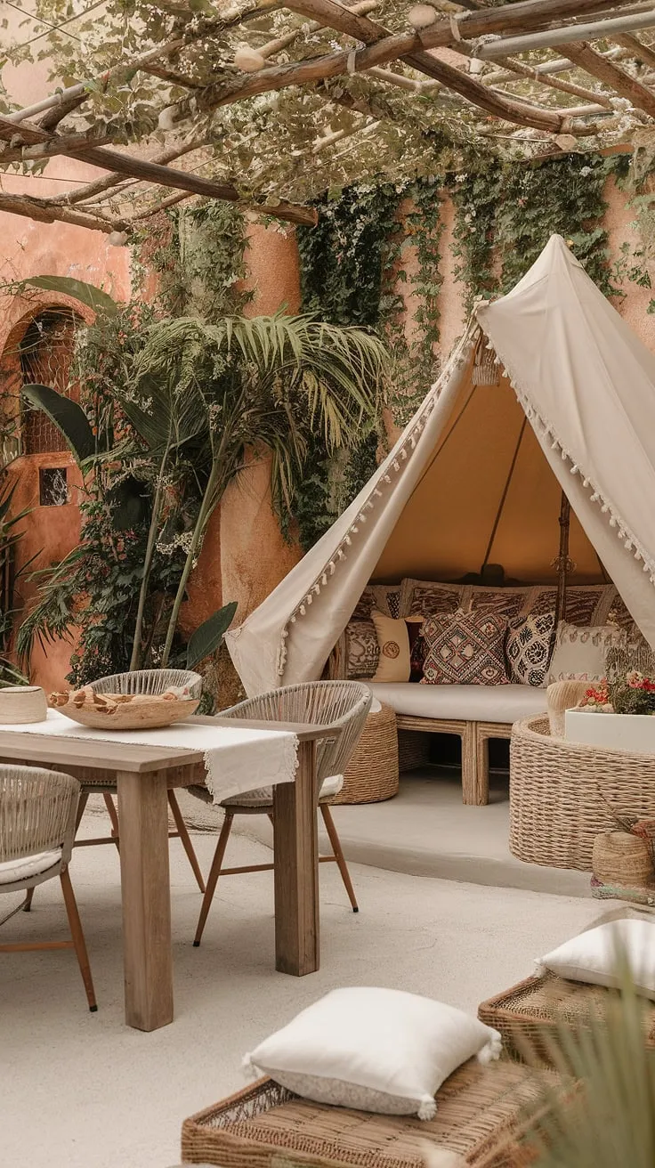 Escape to this serene boho terrace, where a Bali-style tent nestled amongst Mediterranean landscaping offers a tranquil retreat.  Rustic garden decor and outdoor patio furniture create a charming atmosphere perfect for relaxation, enhanced by the inviting garden seating and thoughtfully curated outdoor decor.