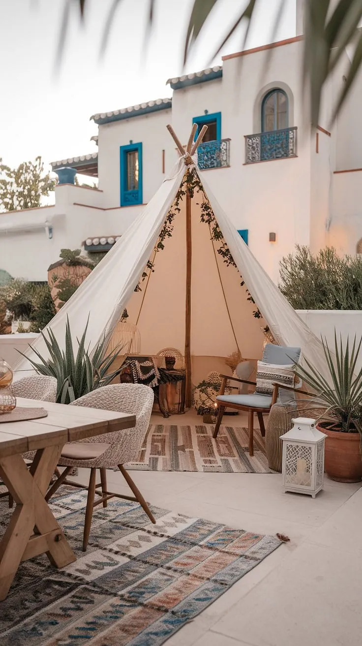 Imagine waking up in this enchanting boho tent, the sun gently illuminating the boho terrace.  Outdoor decor, including rustic garden details and carefully chosen plants, blends seamlessly with the Mediterranean landscaping, creating a truly unique Bali-style escape.  Enjoy your morning coffee amongst the comfortable garden seating.