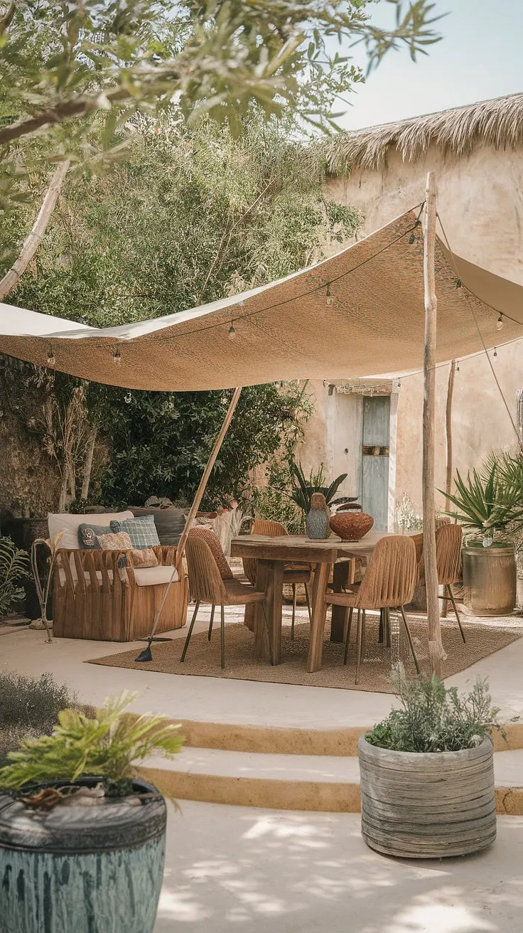 Imagine waking up in this dreamy boho tent, nestled on a boho terrace overflowing with vibrant Mediterranean landscaping.  Rustic garden decor and carefully chosen outdoor decor blend seamlessly with the Bali-style ambiance, creating the ultimate outdoor escape with comfortable garden seating.