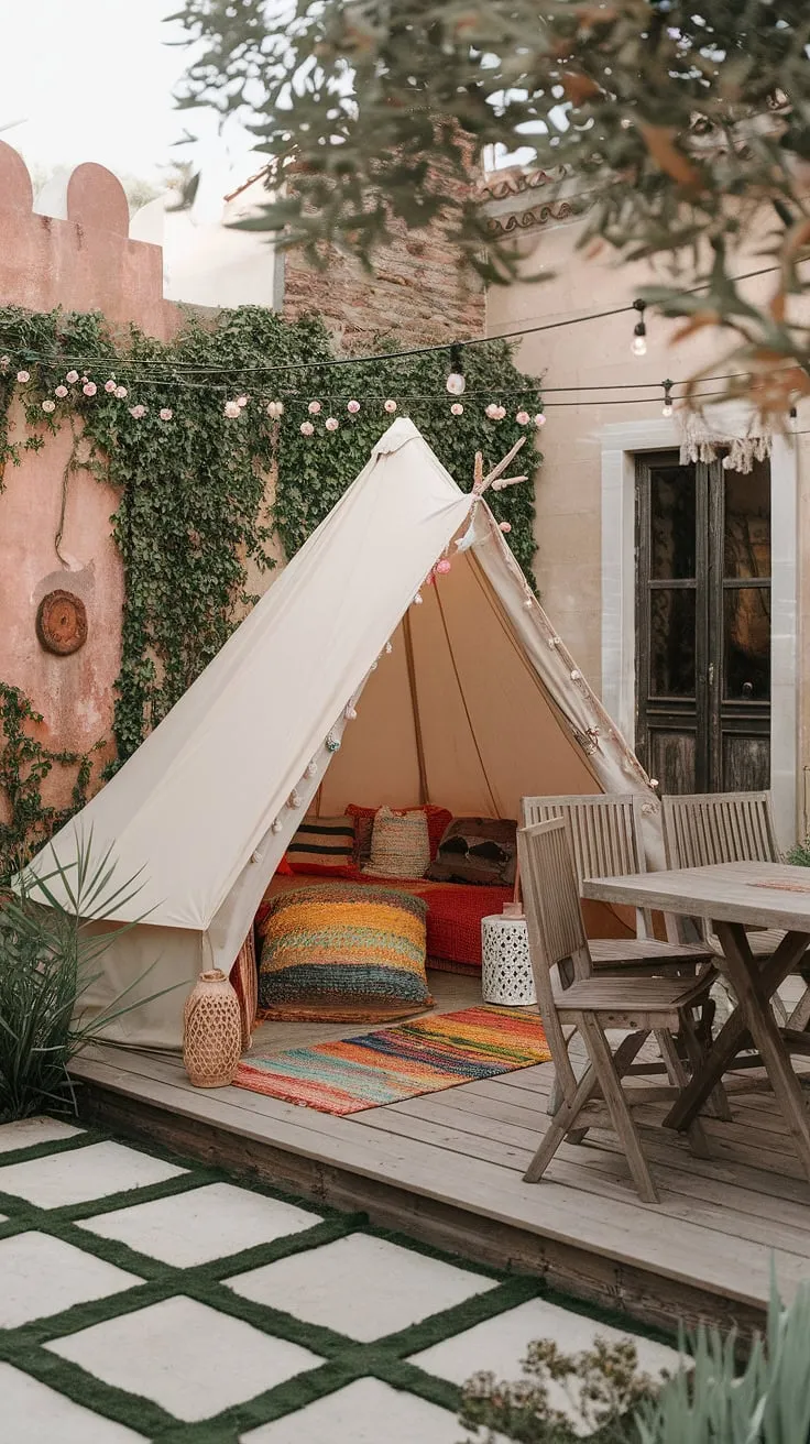 Indulge in the bohemian spirit of this Bali-inspired outdoor space.  A charming boho tent, complete with colorful cushions and a lantern, sits proudly on the boho terrace, surrounded by vibrant outdoor decor and inviting garden seating. The Mediterranean landscaping and rustic garden decor complete this tranquil escape.