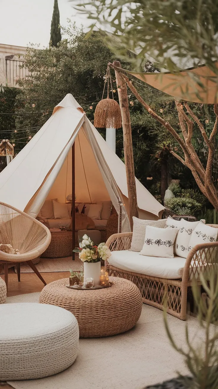 This boho terrace is a haven of tranquility.  A charming boho tent sits nestled amongst vibrant Mediterranean landscaping, complemented by rustic garden decor and carefully chosen outdoor patio decor.  Relax in the comfortable garden seating, and let the subtle Bali style details transport you to paradise.