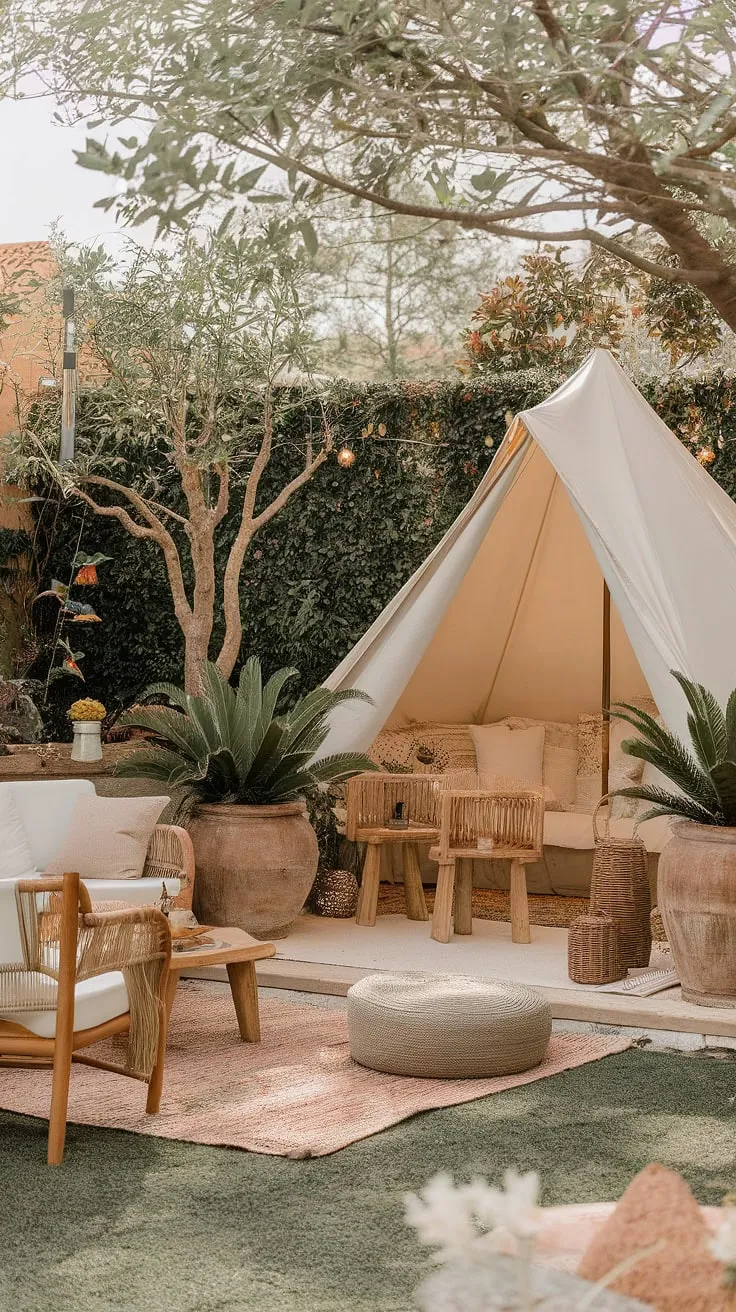 Indulge in the serene beauty of this Bali-style boho terrace.  A charming boho tent anchors the space, surrounded by carefully curated outdoor decor, rustic garden decor, and inviting garden seating. The Mediterranean landscaping and thoughtfully placed potted plants complete this idyllic outdoor patio decor setting.