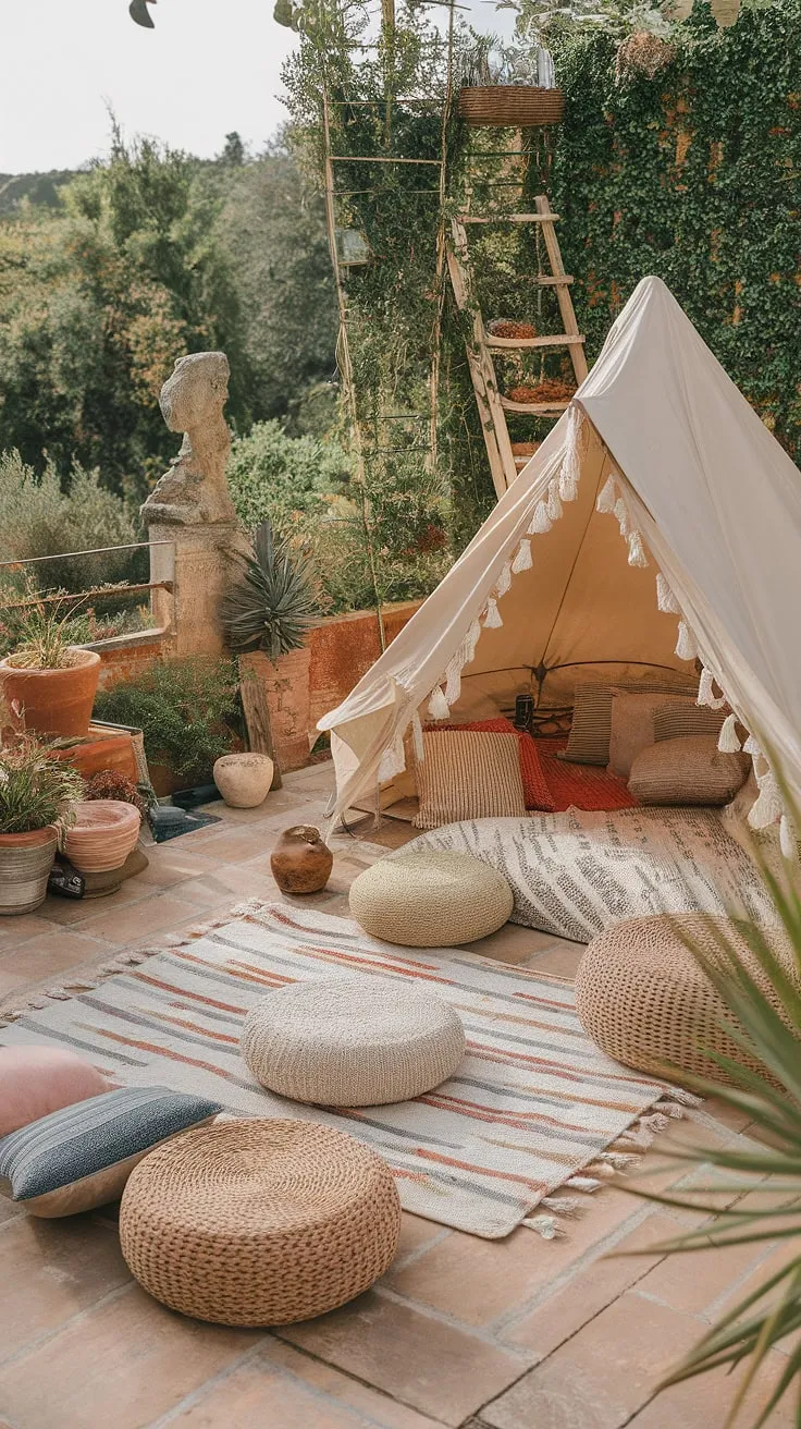 Imagine yourself unwinding in this dreamy boho tent, nestled on a boho terrace overflowing with Mediterranean landscaping and rustic garden decor.  The outdoor decor, including a charming stone statue and wooden ladder, adds to the Bali-style ambiance, creating an idyllic outdoor seating area.